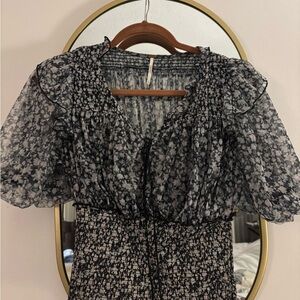 Free People Blue and Cream Sheer Smocked Blouse